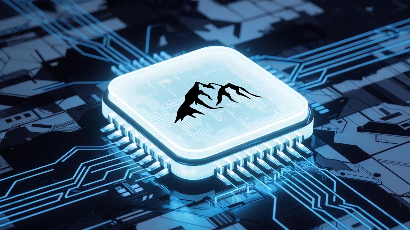 Summit automation — glowing chip with the Summit mountain mark on a circuit board