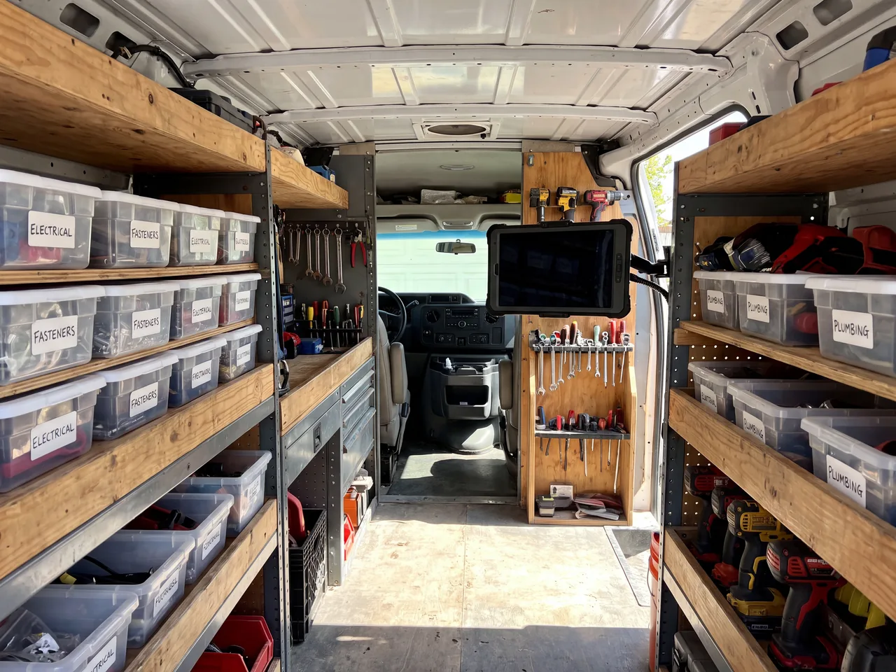 Organized service van interior with labeled parts bins