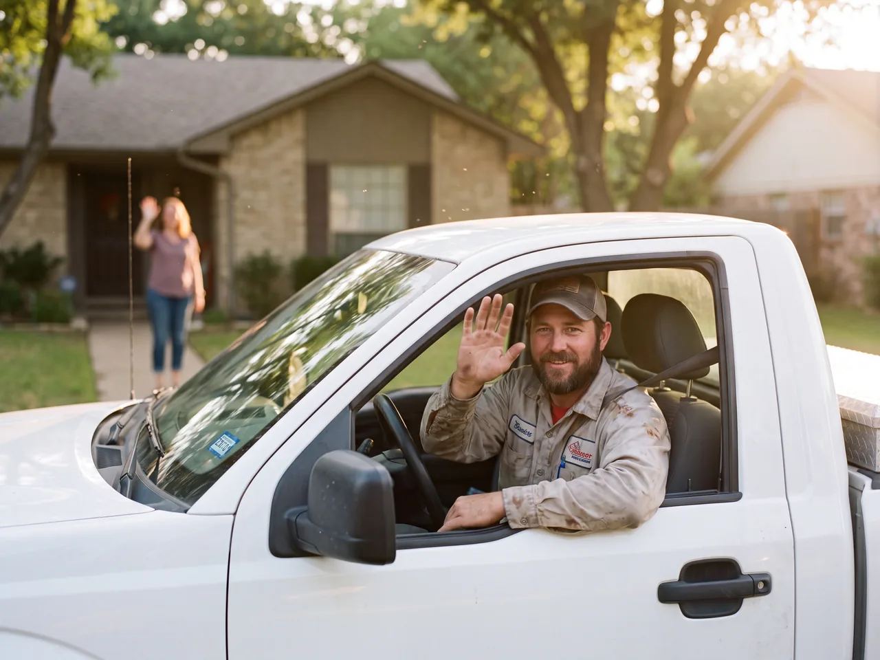 Technician waving to a happy homeowner as he leaves a finished job