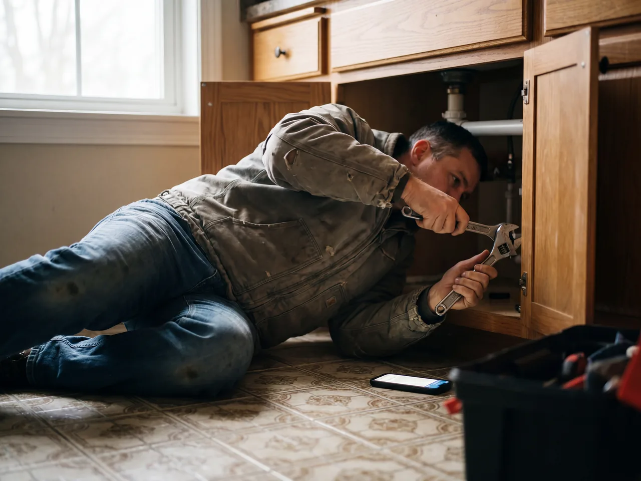 Plumber working under a kitchen sink while his phone lights up with a new lead