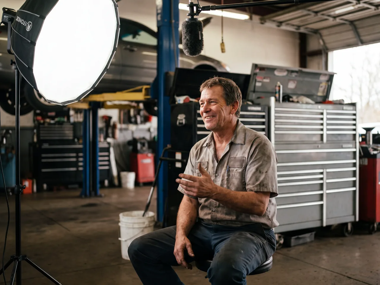 Auto shop owner giving an on-camera interview in his garage